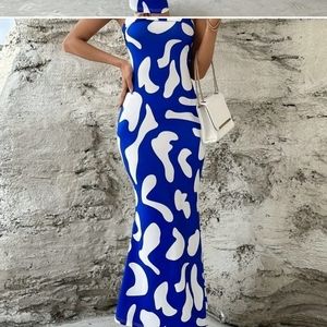 Blue & White Preppy Womens Allover Print Tube Dress